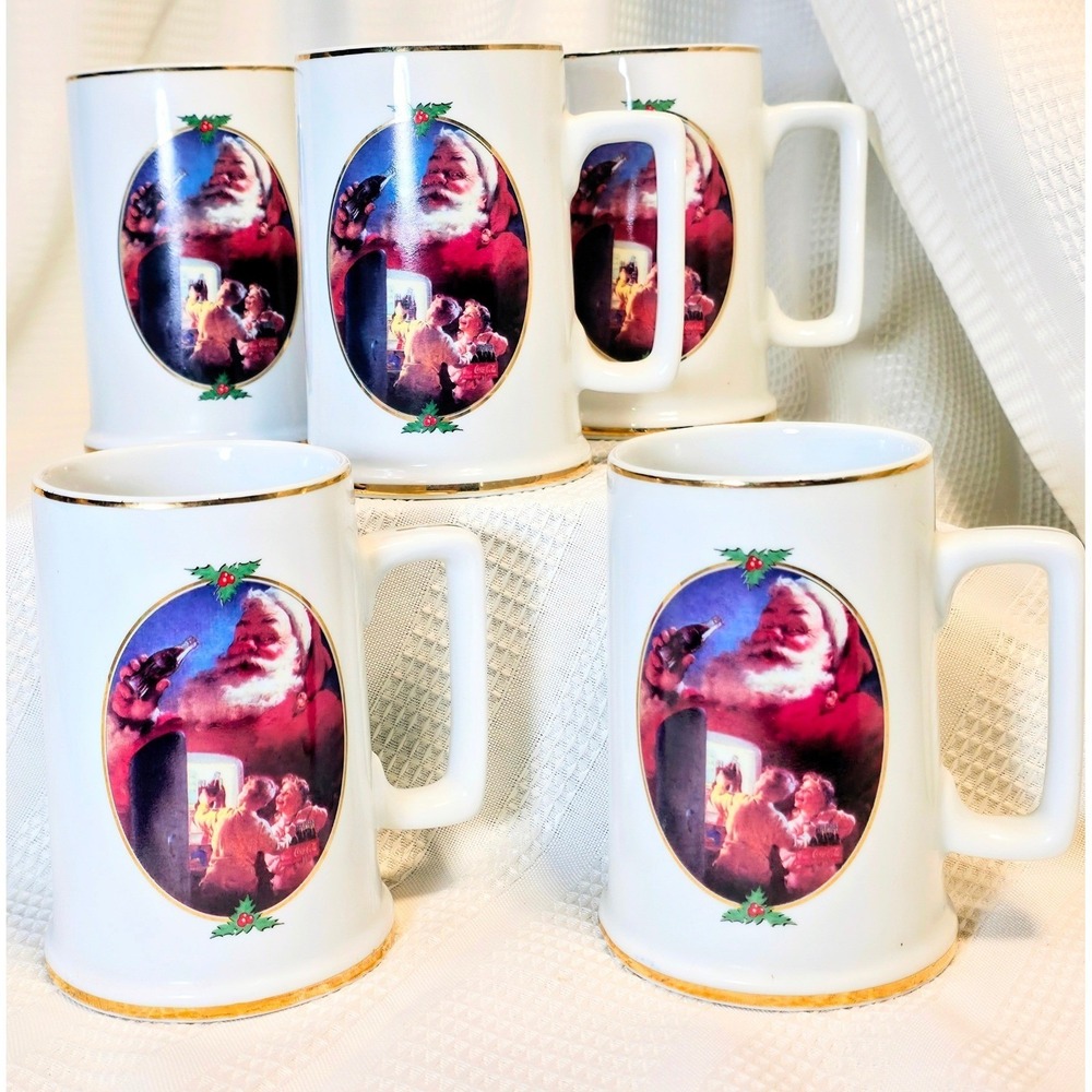 Vintage 1996 Coca-Cola Haddon Sundblom Santa Christmas Mugs Set of 5 Gold Rim